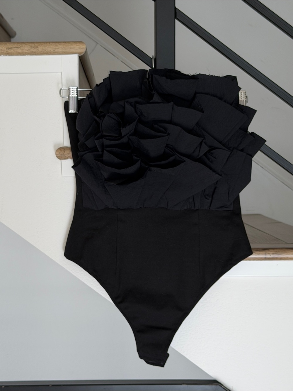 KATIMO Black Sculptural Ruffle Strapless Bodysuit